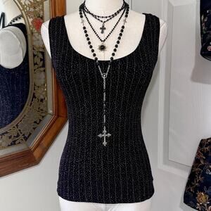 VTG Y2K Onyx Nite Black & Purple Glitter Striped Slinky Dark Feminine Tank Top M